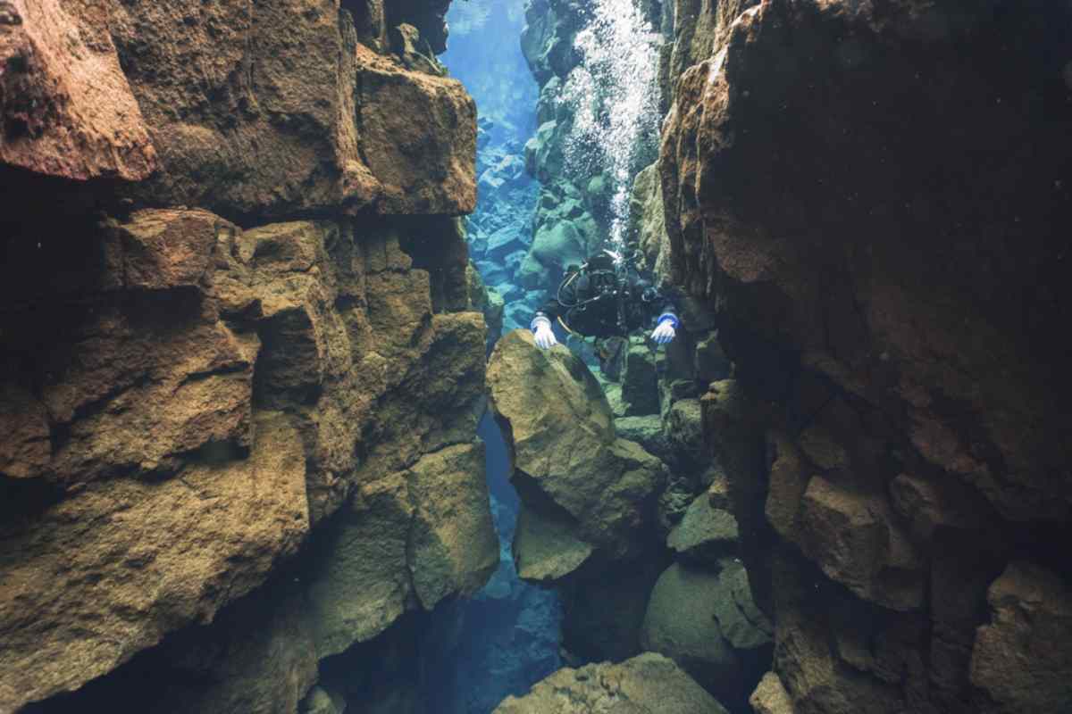 Scuba diver swimming between two continents