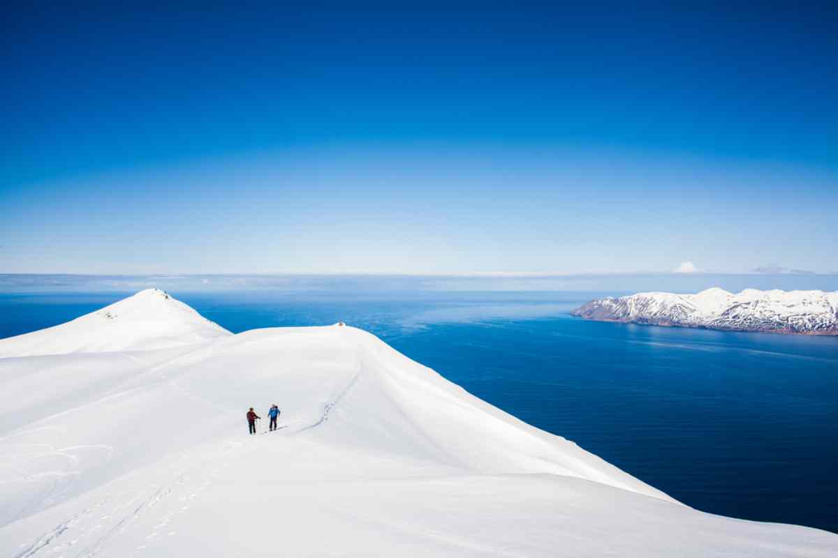 Backcountry skiing in Iceland with ocean views