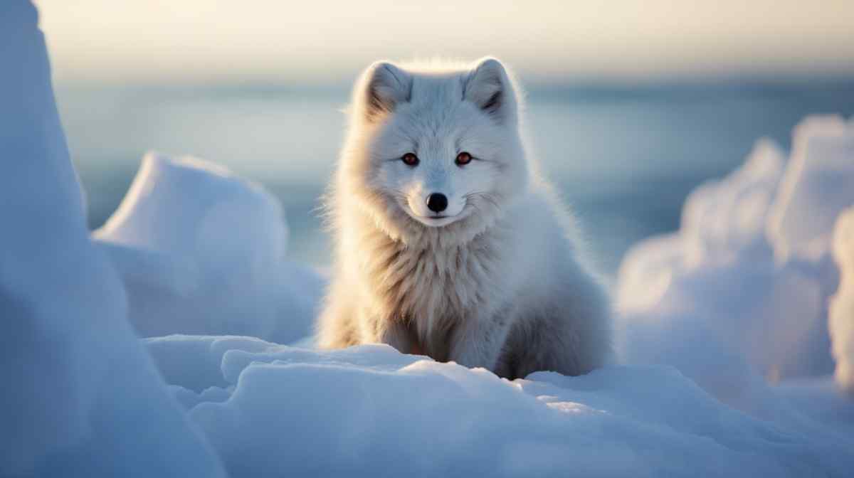 White arctic fox sititng on snow