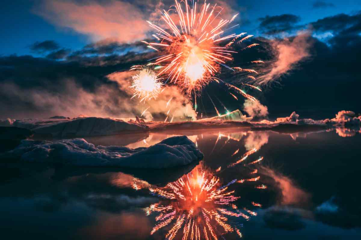 fireworks at Jokulsarlon glacier lagoon