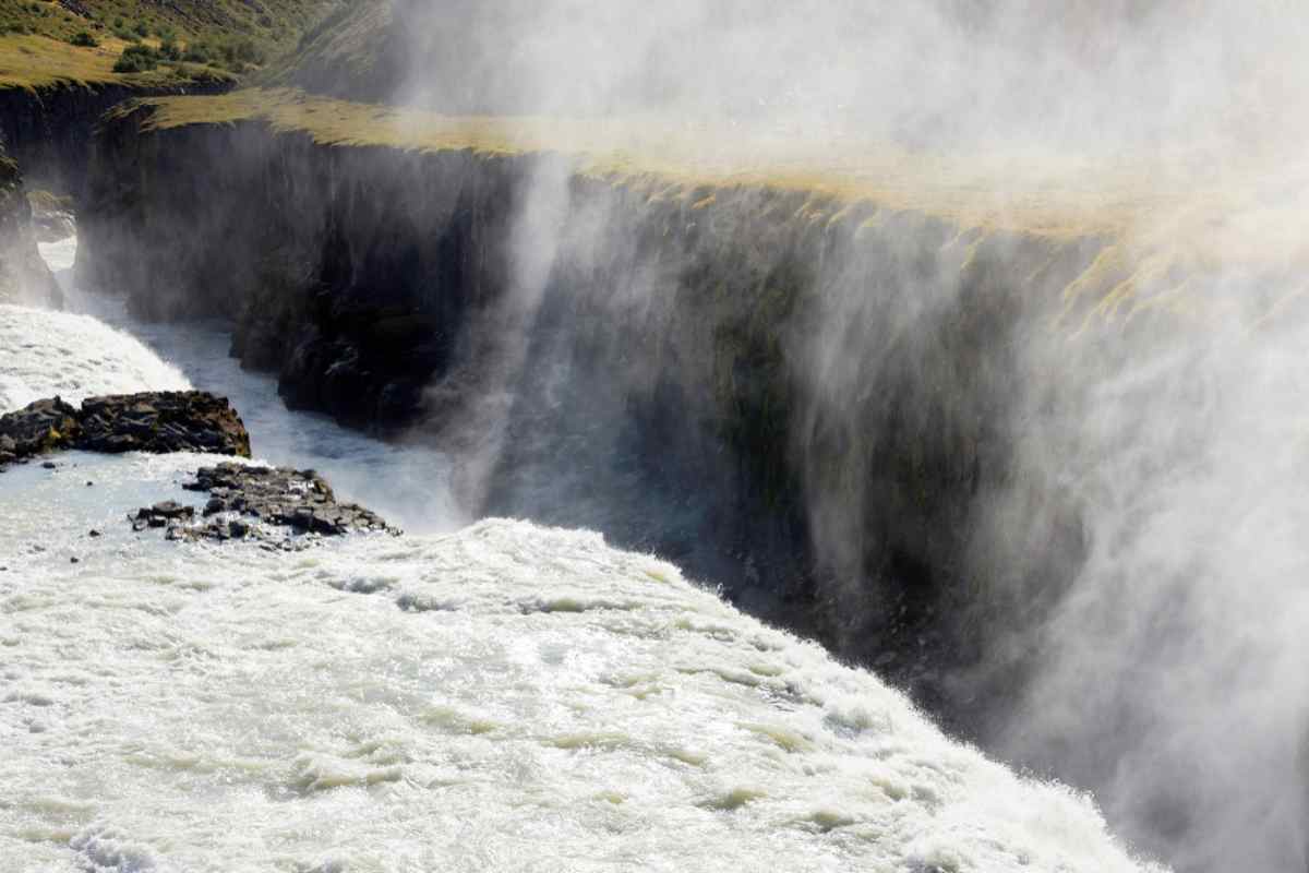 Aerial view of falling water at the Gullfoss waterfall in Iceland