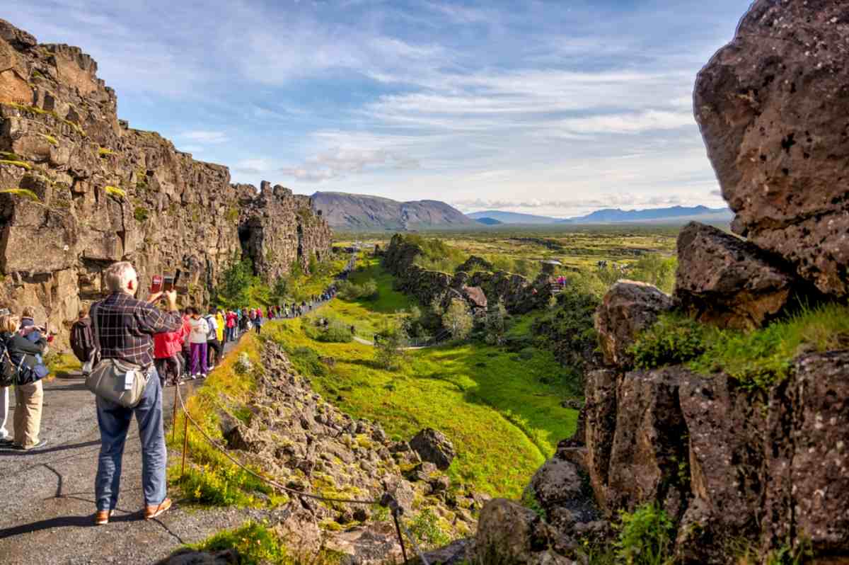 General view of a tourist path in Iceland's Thingvellir National Park on a sunny day with dozens of hikers walking along it and observing the beautiful flowering vegetation of the area.