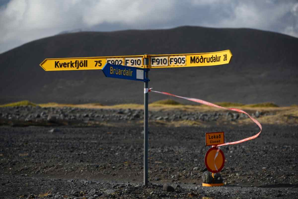 Overview of road signs on Icelandic F-roads with multiple destinations and locations in barren terrain.