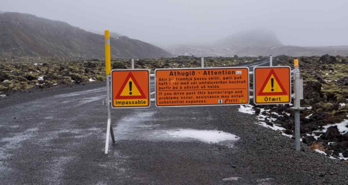 General view of a road closure due to weather conditions in Iceland.